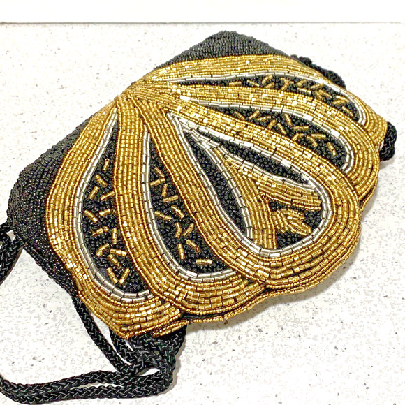 Vintage Beaded Evening Bag Shoulderbag Dressy Purse Black & Gold Retro Disco - Picture 4 of 7